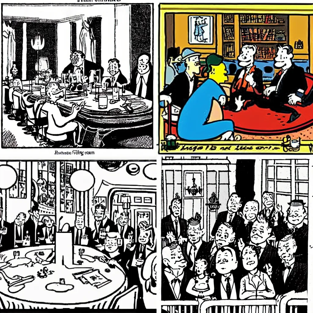 Prompt: illustration of party with politicians, lobbyists and snakes, by herge, in style of tintin