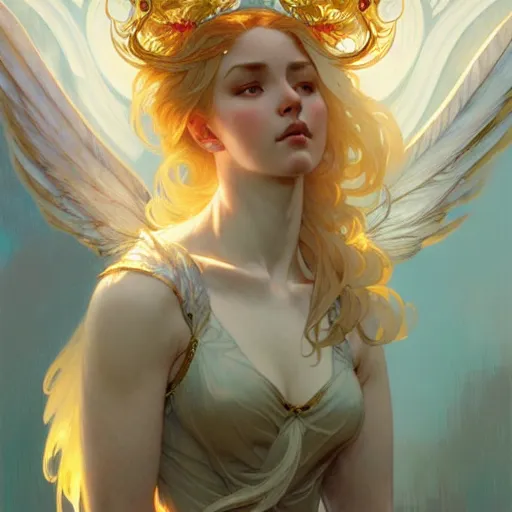 Image similar to A girl with blonde hair, glowing halo, huge highly detailed wings, fantasy, intricate, elegant, highly detailed, digital painting, artstation, concept art, smooth, sharp focus, illustration, art by Krenz Cushart and Artem Demura and alphonse mucha