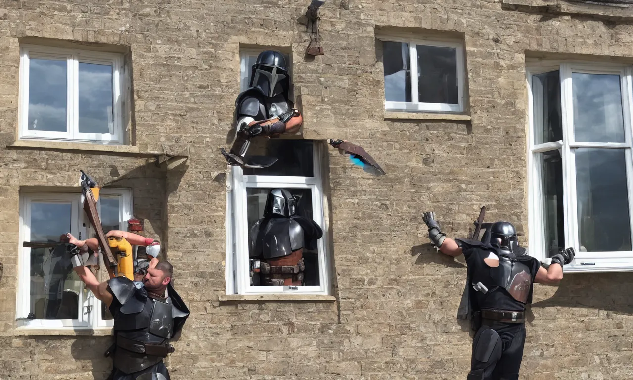 Prompt: photo of overweight mandalorian dismantling sash window in England