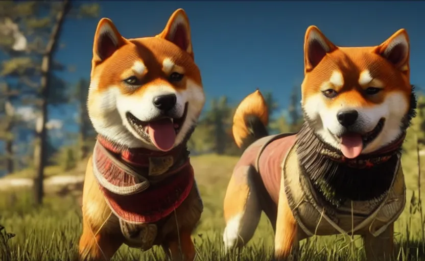 Image similar to A shiba inu dog in Red Dead Redemption 2, cinematic shot, campfire