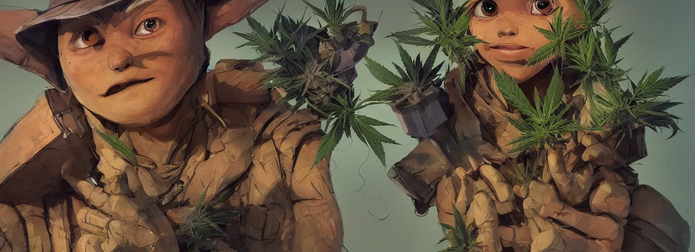 Image similar to duotone concept illustration 3 / 4 portrait of baby groot wearing cannabis hat, hemp, marijuana!, cinematic volumentric lighting, jim cheung, david marquez, mike deodato jr, ilya kuvshinov, makoto shinka, behance hd by jesper ejsing, by rhads, hyper detailed, octane render, concept art, artstation