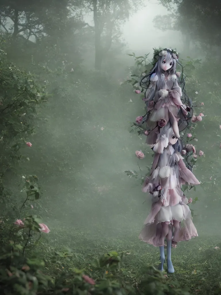 Image similar to cute fumo plush girl among vines in the middle of a foggy dark cursed rose garden under a blue sky, beautiful glowing ethereal gothic magical wraith fairy girl with dark eyes, horns, sheep girl, anime, tattered dress, bokeh, vray