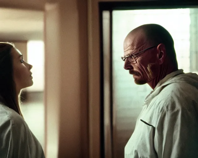 Prompt: Elizabeth olsen and Walter white lost in backrooms, cinestill 800t, cinematic shot, 4k HD,black bar movie