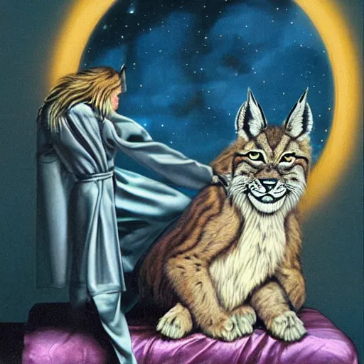 Image similar to hairy maned lynx - headed romantic hero in satin robe, laying on sci fi bed, science fiction, pulp sci fi, michael whelan, ron cobb, highly detailed, mignogna, illustration