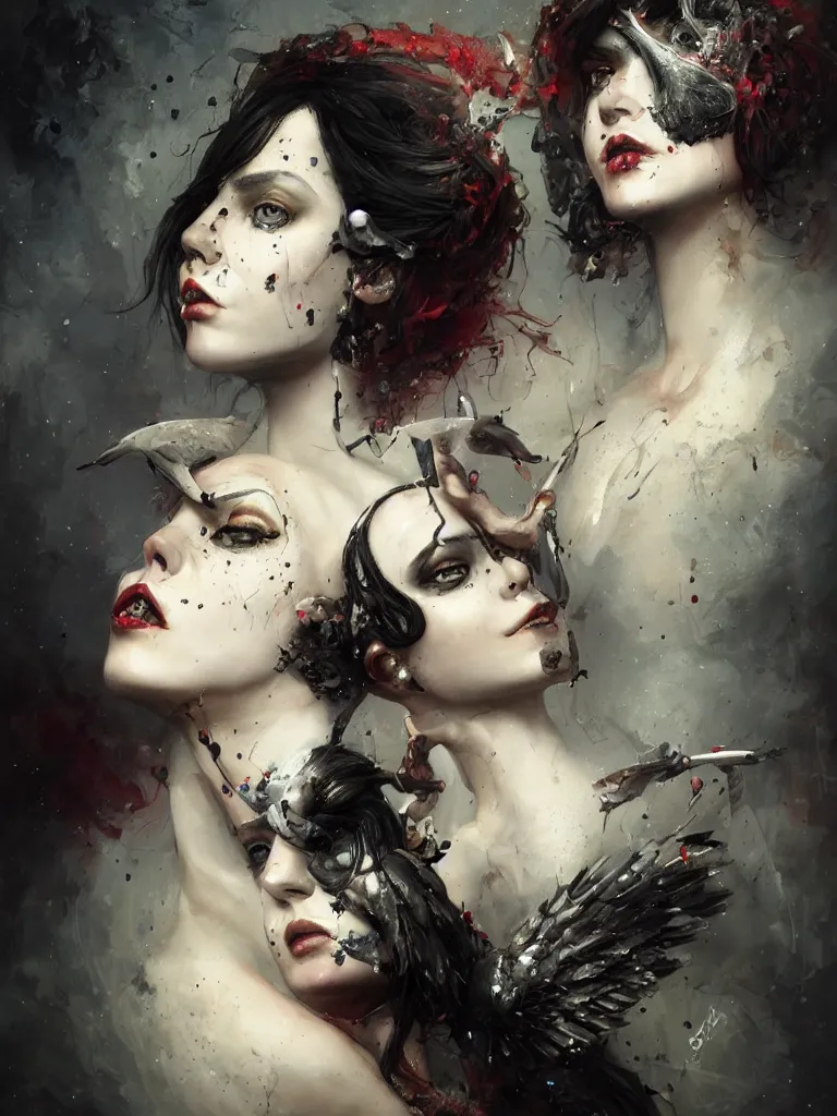 Image similar to a splatterpunk portrait of a gorgeous clone and her maker with jet black hair with one white strand, with thin lips, with a hawk pearched on her shoulderhyperrealistic, award-winning, masterpiece, in the style of Tom Bagshaw, Cedric Peyravernay, Peter Mohrbacher