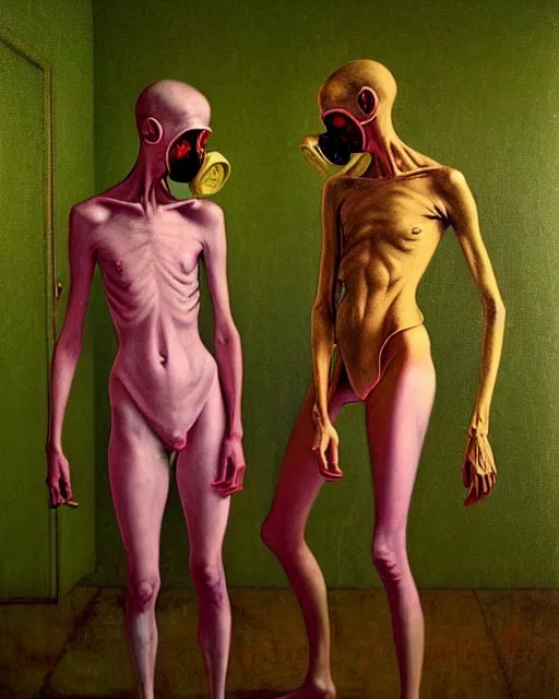 Prompt: Two skinny figures wearing gas masks draped in silky gold, pink and green, in an abandoned hospital room, outside a storm rages, soft light, impending doom, gentle, depth of field, extremely detailed, in the style of Francis Bacon, Esao Andrews, Zdzisław Beksiński, Edward Hopper, surrealism, art by Takato Yamamoto and James Jean