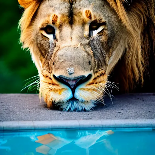 Image similar to a very detailed photo of a lion ( smoking a cigar ) outside the mansion by the pool