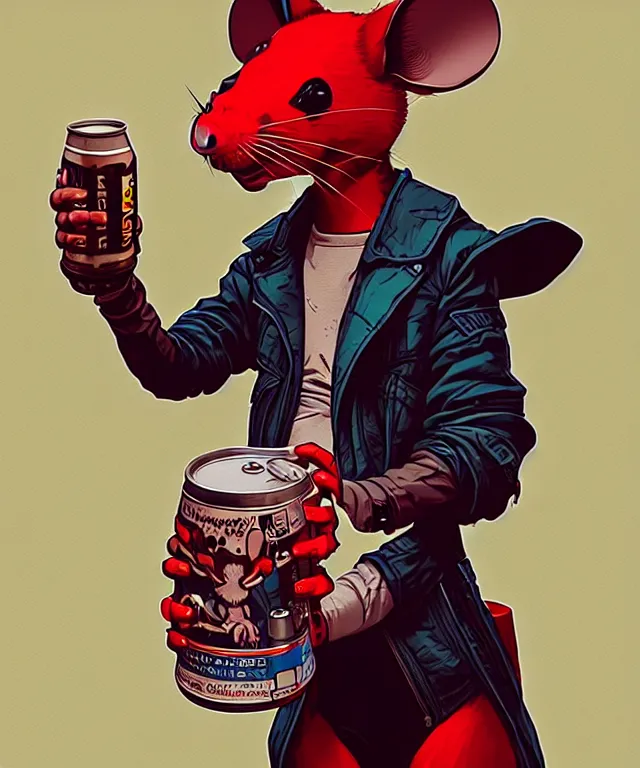 Image similar to a portrait of an anthropomorphic cyberpunk mouse holding a can of beer, cyberpunk!, fantasy, elegant, digital painting, artstation, concept art, matte, sharp focus, illustration, art by josan gonzalez