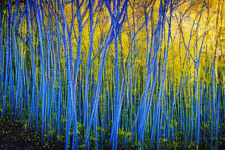 Image similar to forest of blue spaghetti under a yellow sky