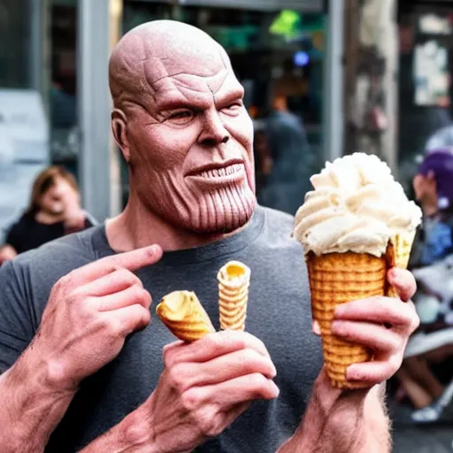 Prompt: Thanos enjoying an ice cream cone in Brooklyn