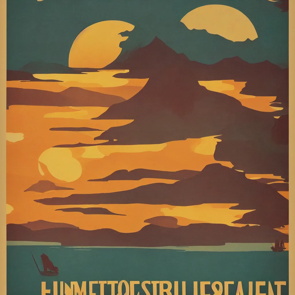 Prompt: beautiful vintage poster, whistler sunset, boho, midcentury, modern, muted colors, uniform lighting, top lit, detailed, beautiful solid colors, edge to edge, full frame