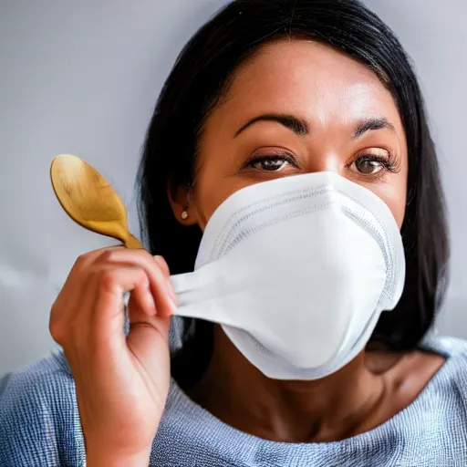 Prompt: woman with a nose mask, eating a plate of soy