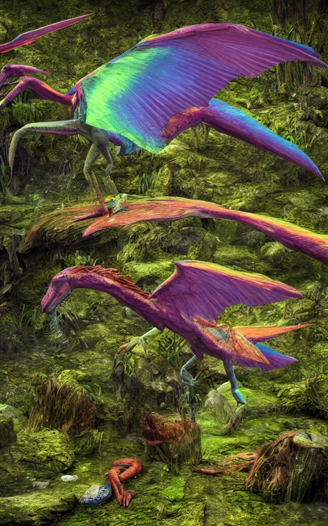 Image similar to iridiscent rainbow dim pterodactyl lying in a swamp, moss and mud, photography, 3d octane render