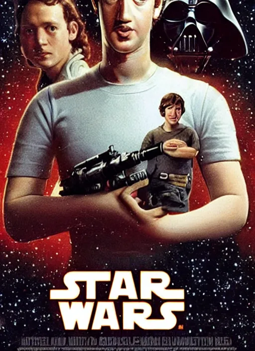Image similar to Mark Zuckerberg as the protagonist on a Star Wars poster, late 70s, space, scifi
