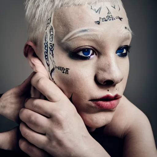 Image similar to portrait of an albino in front of a white background, blonde hair and eyebrows, face tattoo, cinematic lightin