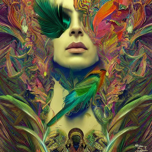 Image similar to A reality bending psychedelic ayahuasca experience, colorful, distorted, surreal, tropical bird feathers, dramatic lighting on the face, intricate, elegant, highly detailed, digital painting, concept art, smooth, sharp focus, illustration, art by Krenz Cushart and Wayne Barlowe and alphonse mucha