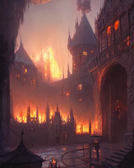 Image similar to robust fantasy castle courtyard burned to the groun, fiery ambient, uplifting mood, ultra realistic, sad, small buildings, highly detailed, epic lighting, illuminated, cinematic, morning, art by eddie mendoza