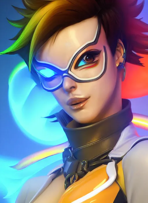 Image similar to portrait bust digital artwork of tracer overwatch, wearing white iridescent rainbow latex and leather straps catsuit outfit, 4 k, expressive happy smug expression, makeup, in style of mark arian, angel wings, wearing detailed black leather collar, chains, black leather harness, detailed face and eyes,