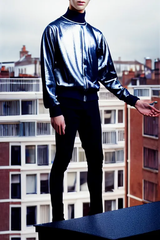 Image similar to un ultra high definition studio quality photographic art portrait of a young man standing on the rooftop of a british apartment building wearing soft padded silver pearlescent clothing. three point light. extremely detailed. golden ratio, ray tracing, volumetric light, shallow depth of field. set dressed.