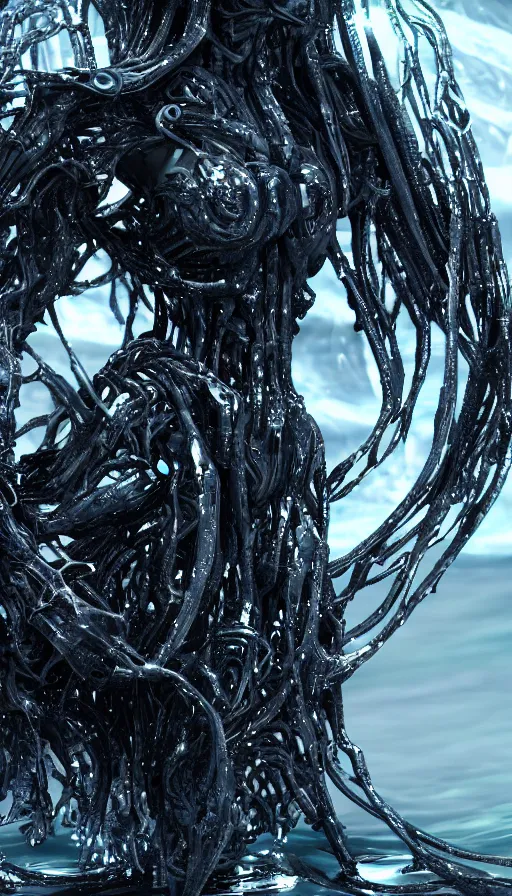 Image similar to a biomechanical sea witch emerging from the ocean, made up of bits of black metal and plastic, shiny, wet, made of nanofibres, metallic, cyberpunk, post apocalyptic, hyper realistic, epic, beautiful composition, octane render, unreal engine render, 8k, super detailed, SLICK!!