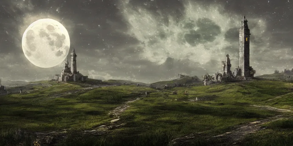 Prompt: The great intricate marble wizards tower, painted landscape, green fields in the background, moody lighting, moon in the night sky, sharp image, 4k, artstation, colorful digital art