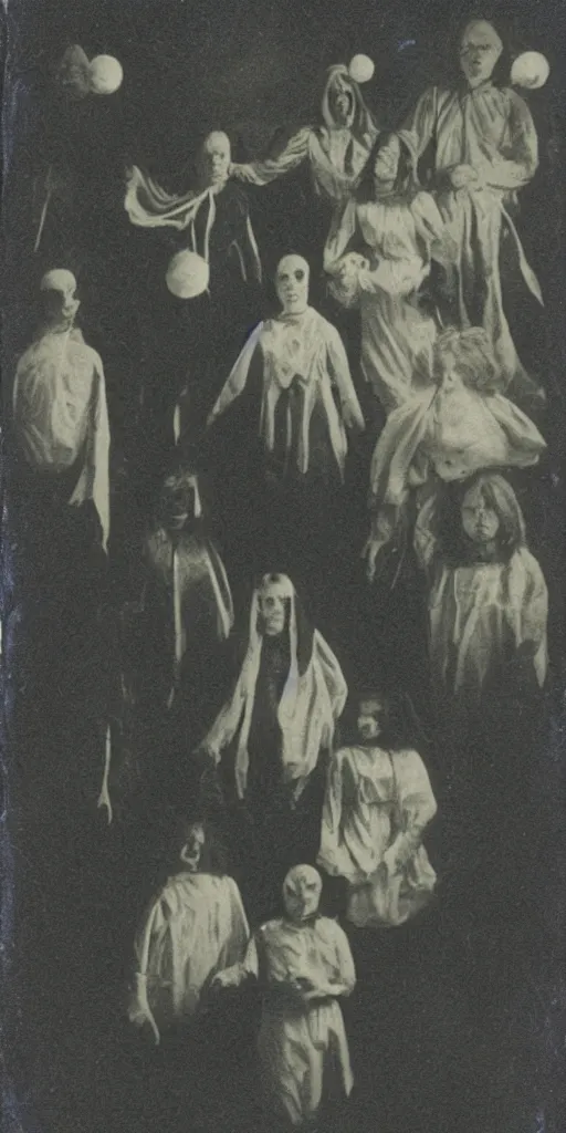 Prompt: spirit group photography with glowing bulbous ectoplasm, scary shadow people, sleep paralysis demon, 1 9 0 0 s, slimer, invoke fear and dread, old photograph, daguerreotype