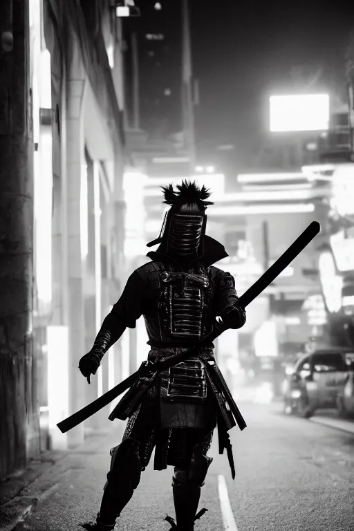 Image similar to slow shutter speed photo of a cyberpunk samurai with neon katana