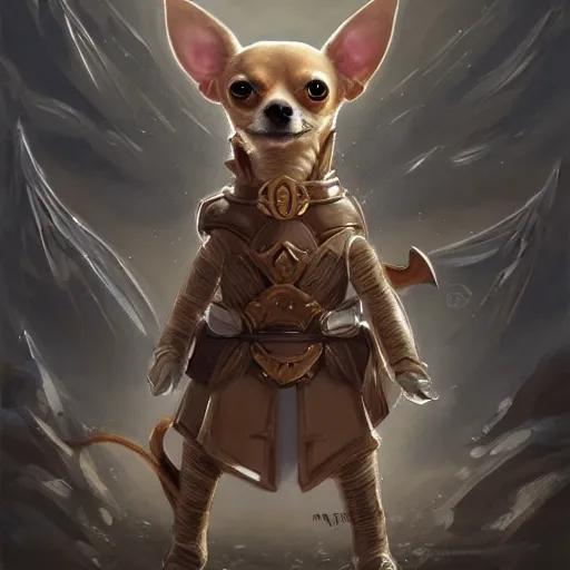 Image similar to tan coloured chihuahua Dog, battle armour, Anthropomorphized, casting epic spell, magic the gathering artwork, D&D, fantasy, cinematic lighting, centered, symmetrical, highly detailed, digital painting, artstation, concept art, smooth, sharp focus, illustration, volumetric lighting, epic Composition, 8k, art by Akihiko Yoshida and Greg Rutkowski and Craig Mullins, heroic pose, oil painting, cgsociety, magic lab background