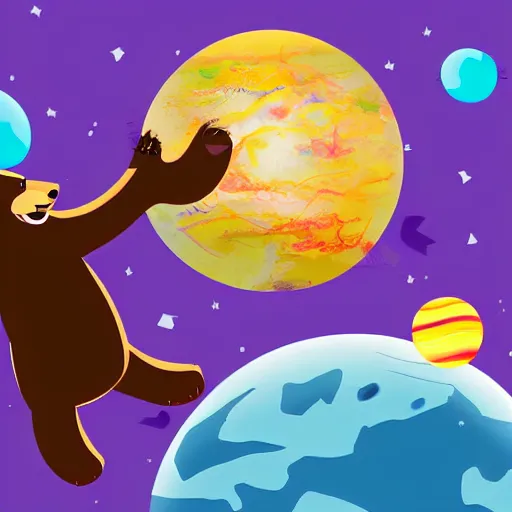 Image similar to cartoon illustration of a bear mascot being launched from a futuristic marble planet, purple and orange cloudland