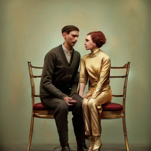 Image similar to a beautiful ultradetailed fine art old vintage couples portrait photo of cyborgs sitting on a chair and standing, by tom bagshaw and zach sutton, couples portrait, vignette, 3 5 mm lens, golden ratio composition, studio photography, very detailed, humanoids, artstation, 8 k, highly coherent