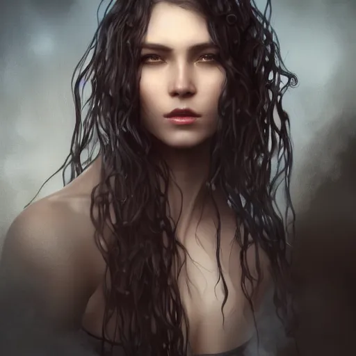 Image similar to epic portrait an woman with a skull face, wet flowing hair, shiny skin, illustration, unreal engine 5, 8 k, made by j. c. leyendecker