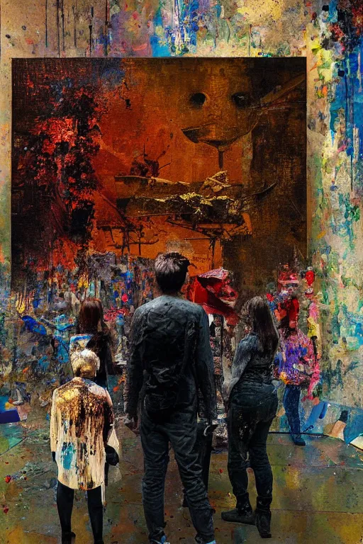 Image similar to a beautiful glitched painting by robert proch of people in front of a painting in a museum gallery, metal rust and plaster materials, pixel sorting, color bleeding, brushstrokes by jeremy mann, still life, dark colors