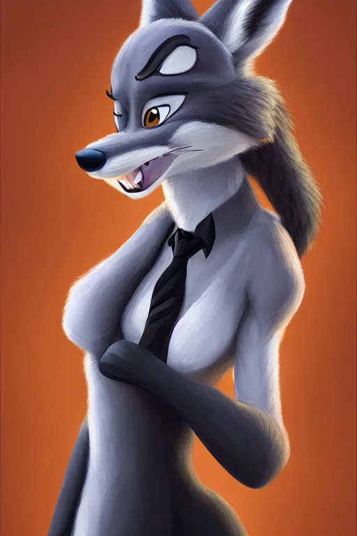 Image similar to oil painting of anthromorphic female wolf, in style of zootopia, female fursona, furry, furaffinity, 4 k, deviantart, furry art, fursona art, wearing black business suit, business suit, wolf fursona, female, very expressive detailed feminine face,