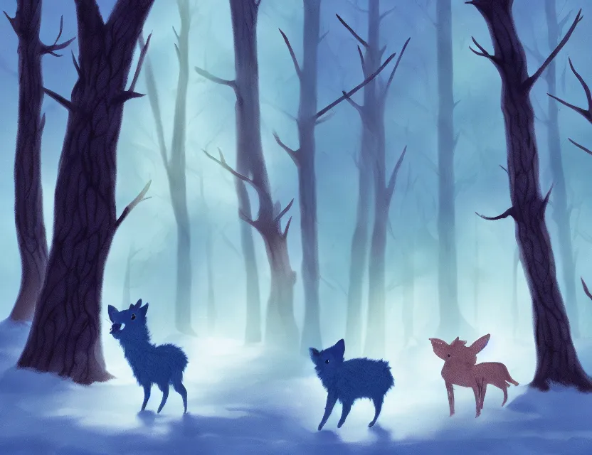 Image similar to magical fae animal spirit in the winter woods. limited palette, western 2 d animation from the 2 0 1 0 s, backlighting, bold composition, depth of field.