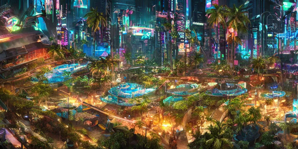 Prompt: cyberpunk water park, realistic 4k octane beautifully detailed render, 4k post-processing, highly detailed, intricate complexity, epic composition, magical atmosphere, cinematic lighting, masterpiece, ultra hd
