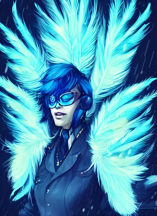 Image similar to A beautiful portrait commission of a female furry anthropomorphic avian blue bird fursona with feathers wearing a security guard uniform with a bullet proof vest. Cyberpunk city at night in the rain. Neon Light. Atmospheric. Character design by charlie bowater, ross tran, artgerm, and makoto shinkai, detailed, inked, western comic book art. 🐦🪶👔