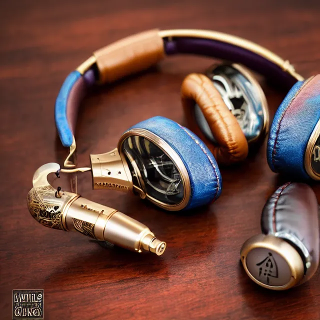 Image similar to masterpiece photo of beautiful hand crafted artistic detailed metal headphones, bismuth rainbow metal, bismuth cups, plush leather pads, displayed on mahogany desk, modernist headphones, bismuth beautiful well designed, hyperrealistic, audiophile, intricate hyper detail, extreme high quality, photographic, audeze, sennheiser, raal, bang olufsen, abyssal