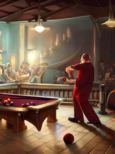 Image similar to snooker bar fight. intricate, elegant, highly detailed, digital painting, artstation, concept art, sharp focus, illustration, by justin gerard and artgerm, 8 k