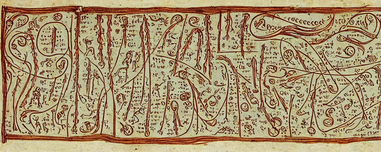 Image similar to ancient book with pictographs of spaghetti, in the style of the voynich manuscript, fine detail,