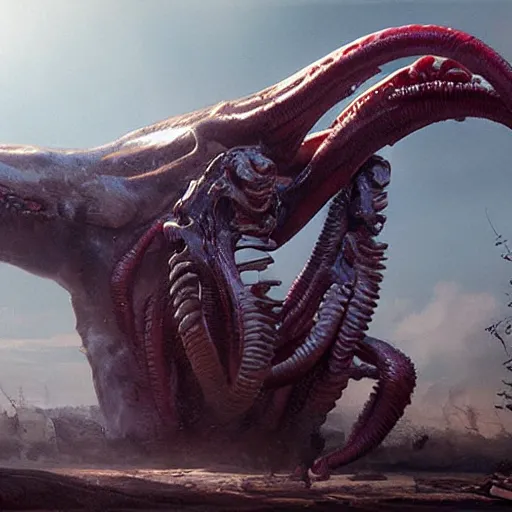 Image similar to hyper realistic hamburger as a xenomorph, painted by greg rutkowski, unreal engine, pixar,