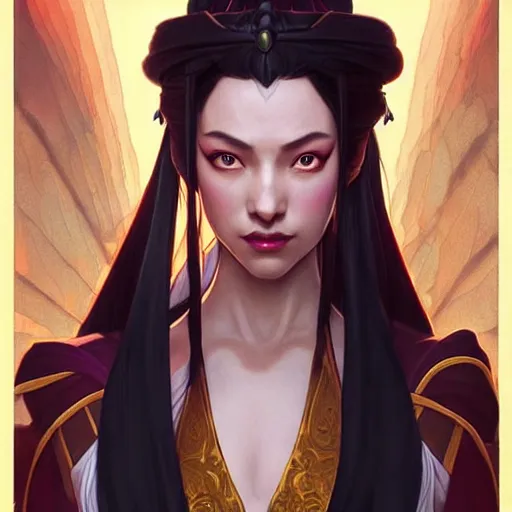 Image similar to Princess Azula from Avatar The Last Airbender, D&D, fantasy, intricate, elegant, highly detailed, digital painting, artstation, concept art, matte, sharp focus, illustration, art by Artgerm and Greg Rutkowski and Alphonse Mucha