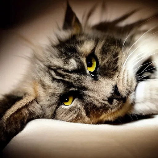 Image similar to very cute huge giant large calico main coon taking up entire bed, stunning eyes, top-down perspective, cinematic lighting, award winning creature photography