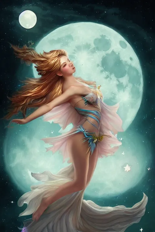 Image similar to attractive fairy magically floating high in the night, fantasy, full moon in background. highly detailed painting by artgerm, mid shot, 8 k