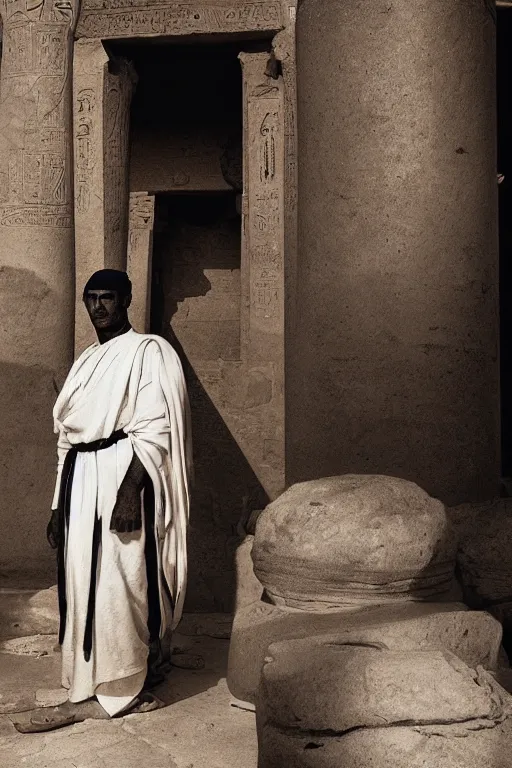 Image similar to a closer hero portrait of a live nubian temple guard in old egypt. photography photo art. cover of time magazine, dramatic light and shadow, saturated colors, ciaroscuro, interpreted by anders zorn