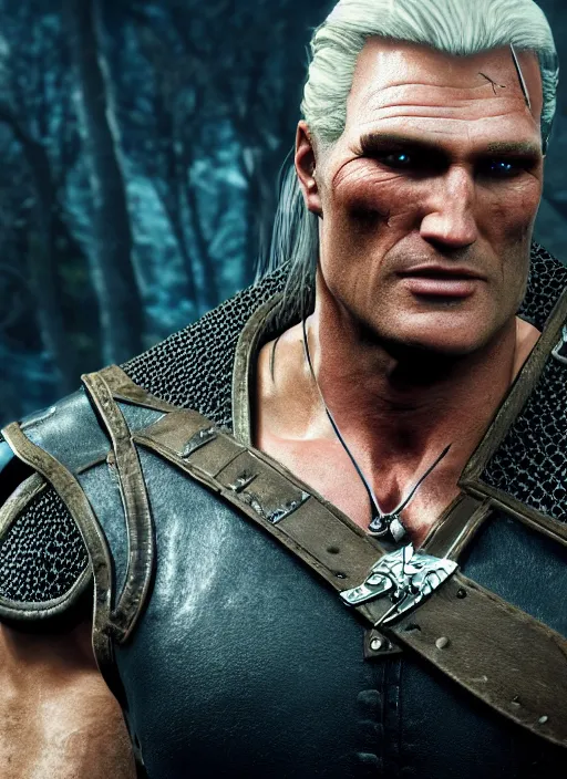 Prompt: Dolph Lundgren in The Witcher 3, gameplay, 8k, HD