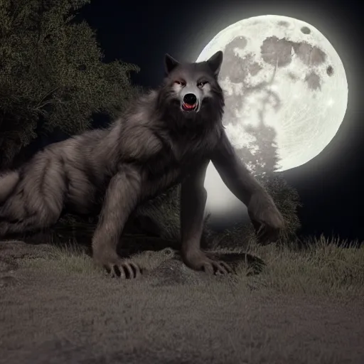 Image similar to female werewolf at night with black realistic fur, under the moon, ultra detail, unreal engine, 8 k