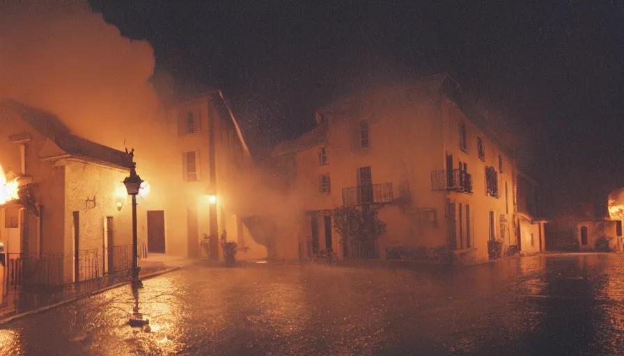 Image similar to 1 9 7 0 s movie still of a heavy burning french style townhouse in a small french village by night, rain, heavy smoke, cinestill 8 0 0 t 3 5 mm, heavy grain, high quality, high detail, dramatic light, anamorphic, flares