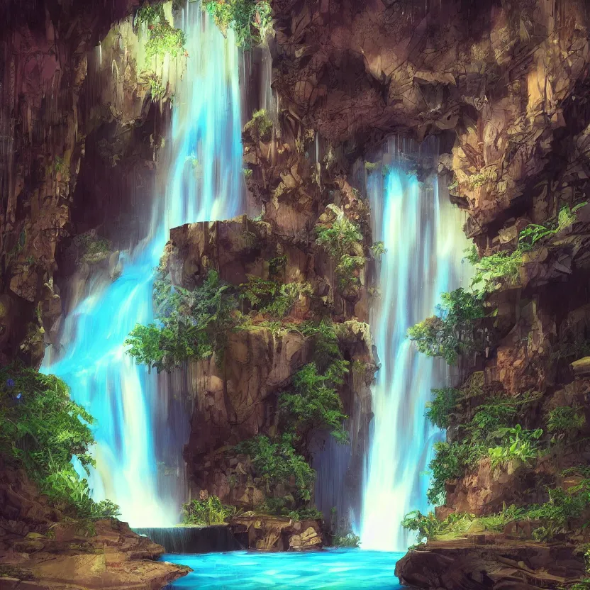 Image similar to a waterfall in the interior of a ancient arabian structure, epic retrowave art, trending on art station