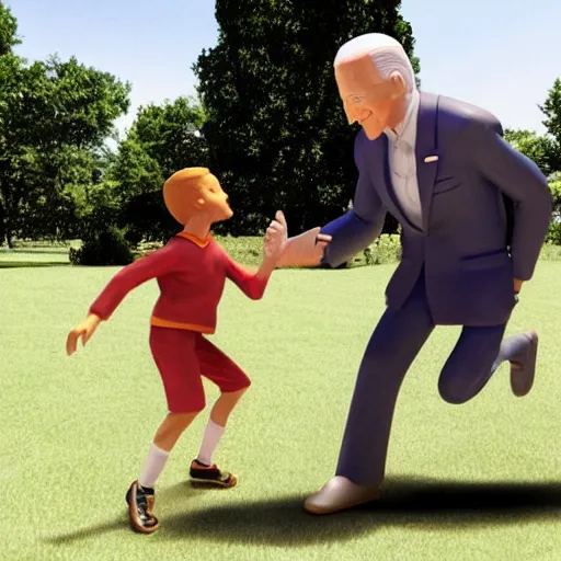 Image similar to a statue of joe biden chasing a child, octane render, 3 d render, 4 k, hyper realistic, super detailed.