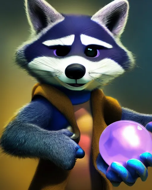 Prompt: closeup portrait of furry sly cooper raccoon holding a magical gem in a crystl cave, disney, pixar,